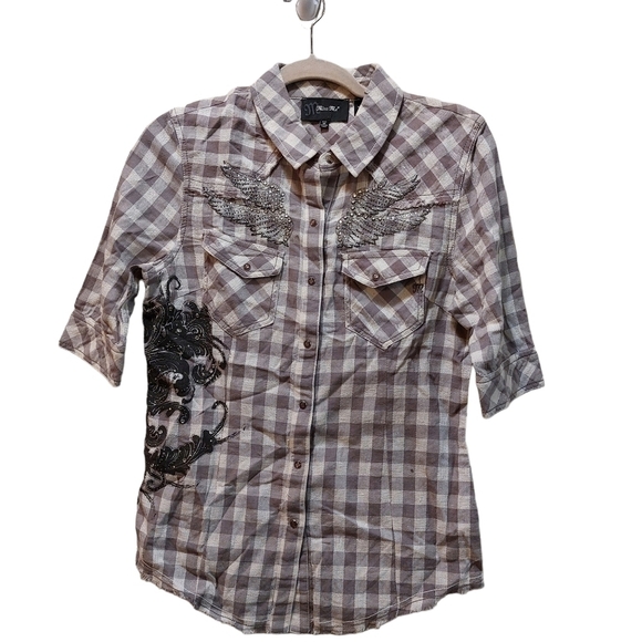 Miss Me Tops - Miss Me Ladies Short Sleeve Western Snap Front Top- size M